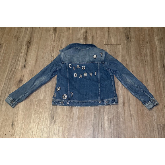 Paige “Ciao Baby!” Embellished Denim Jacket Women’s M Blue Pearl Rhinestone Jean - Picture 7 of 13